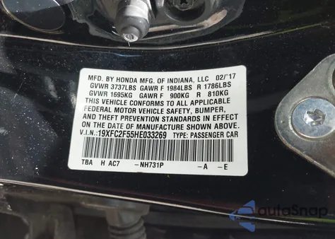 2017 Honda Civic Lx из США, поврежденный, VIN 19XFC2F55HE033269